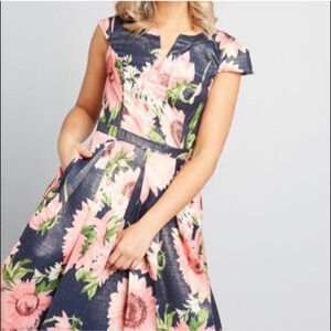Modcloth Womens Dress Size 12 Floral Fit Flare Navy Pink 50s Rockabilly Pockets